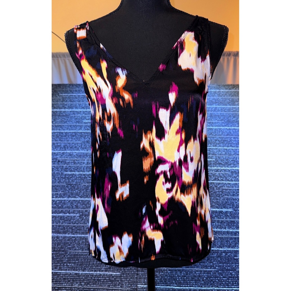 Nordstrom Sleeveless V-Neck Blouse Women XS Black Multi NWOT Abstract Ikat Print